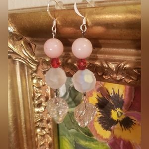 Charming Pink, Garnet and Frosted Glass Hand Crafted Beaded Dangle Earri…